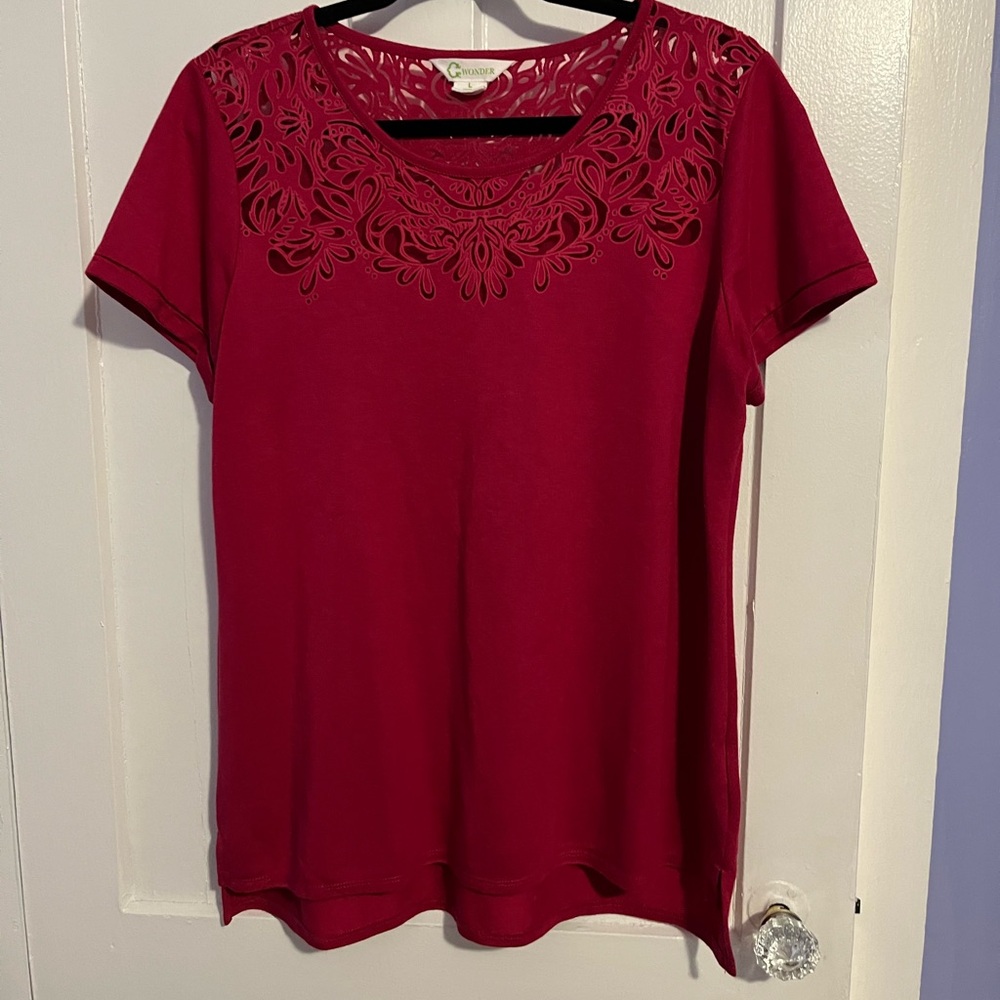 C Wonder large rasberry colored short sleeve cut out shirt